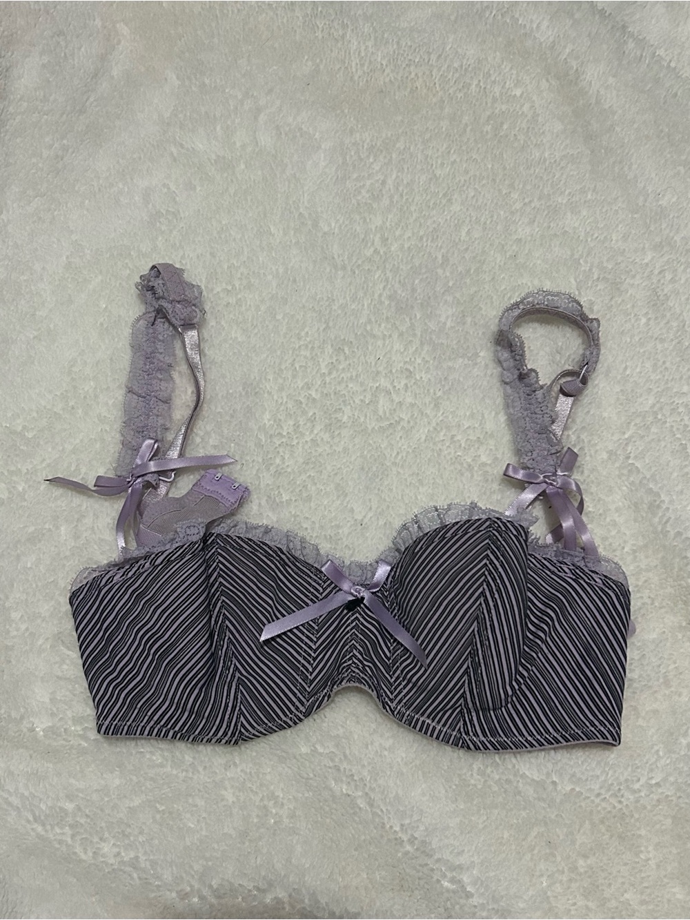 Striped Lavender Lace-Trim Balconette Bra with Satin Bows